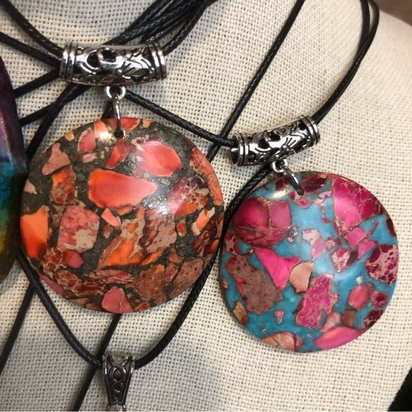 Gemstone & Fossil Pendant on Waxed Necklace w/Ornate Bail Lobster Claw Clasp - Picture 8 of 16